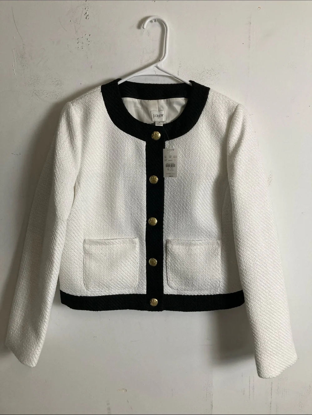 J. Crew White Tweed Jacket with Black Trim and Gold Buttons